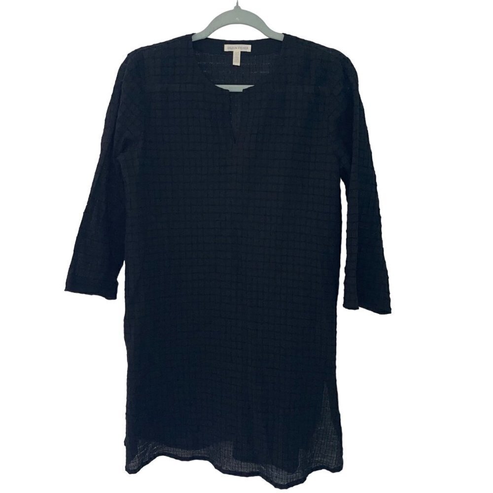 Eileen Fisher Tunic Mini Dress Size Extra Small Black Organic Cotton Textured